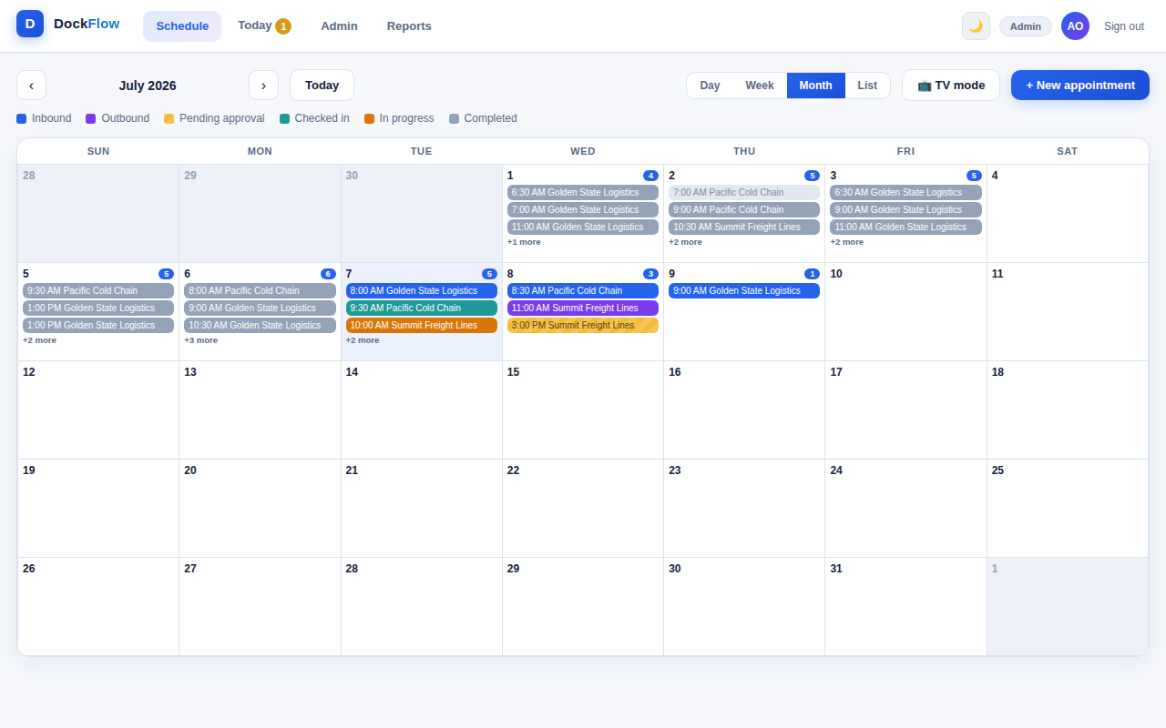 DockFlow month view with booking density